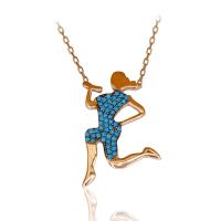 Turkuaz Taşlı Dambıl Çalışan Kız Gümüş Kolye