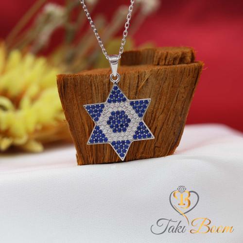 Davut Yıldızı Gümüş Kolye - Safir Taşlı Davut Yıldızı Kolye