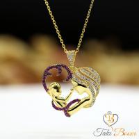 Fuşya Beyaz Taşlı Anne Bebek Gümüş Kolye