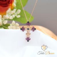 Fuşya Siyah Taşlı Büyük Haç Gümüş Kolye