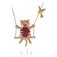 Fuşya Taşlı Salıncakta Sallanan Kedi Gümüş Kolye