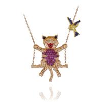 Fuşya Taşlı Salıncakta Sallanan Kedi Gümüş Kolye