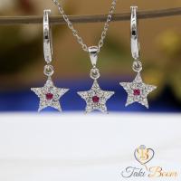 Kırmızı Beyaz Zirkon Taşlı Minimal Yıldız Gümüş Küpe Kolye Set