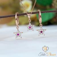 Kırmızı Beyaz Zirkon Taşlı Minimal Yıldız Gümüş Küpe Kolye Set