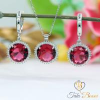 Kırmızı Beyaz Zirkon Taşlı Tırnaklı Yuvarlak Gümüş Küpe Kolye Set