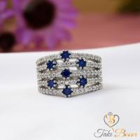 Lacivert Beyaz Zirkon Taşlı Geniş Gümüş Yüzük