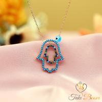 Rengarenk Turkuaz Taşlı Nazar Boncuklu Fatma Eli Gümüş Kolye