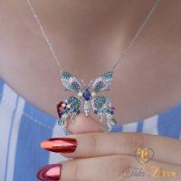 Renkli Taşlı Kelebek Gümüş Kolye