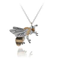 Şampanya Siyah Taşlı Arı Gümüş Kolye