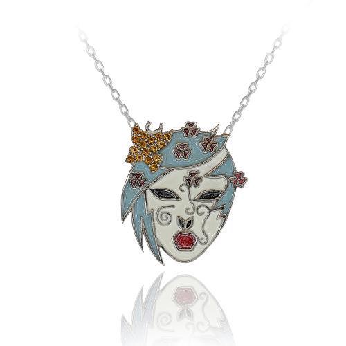 Sarı Nano Taşlı Japon Maske Gümüş Kolye