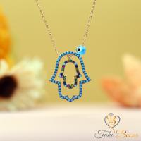 Turkuaz Rengarenk Taşlı Nazar Boncuklu Fatma Eli Gümüş Kolye