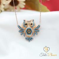 Turkuaz Siyah Taşlı Nazar Boncuklu Baykuş Gümüş Kolye