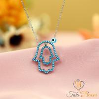 Turkuaz Taşlı Nazar Boncuklu Fatma Eli Gümüş Kolye