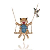 Turkuaz Taşlı Salıncakta Sallanan Kedi Gümüş Kolye