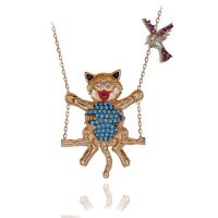 Turkuaz Taşlı Salıncakta Sallanan Kedi Gümüş Kolye