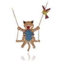 Turkuaz Taşlı Salıncakta Sallanan Kedi Gümüş Kolye