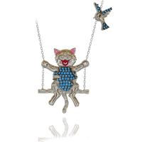 Turkuaz Taşlı Salıncakta Sallanan Kedi Gümüş Kolye