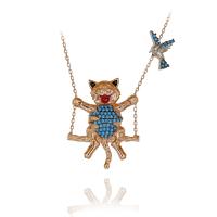 Turkuaz Taşlı Salıncakta Sallanan Kedi Gümüş Kolye