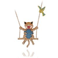 Turkuaz Taşlı Salıncakta Sallanan Kedi Gümüş Kolye