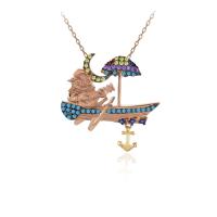 Turkuaz Taşlı Sandalda Gitar Çalan Baykuş Gümüş Kolye
