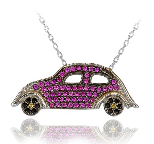 Kırmızı Taşlı Vos Vos Araba Gümüş Kolye