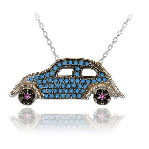 Turkuaz Taşlı Vos Vos Araba Gümüş Kolye