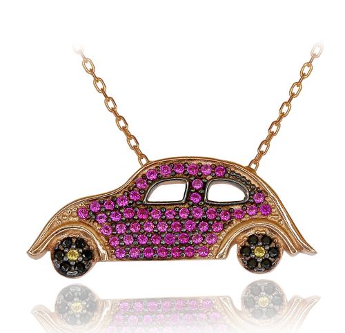 Kırmızı Taşlı Vos Vos Araba Gümüş Kolye