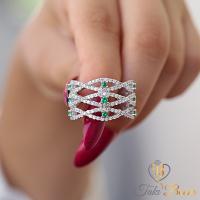 Yeşil Beyaz Zirkon Taşlı Geniş Gümüş Yüzük