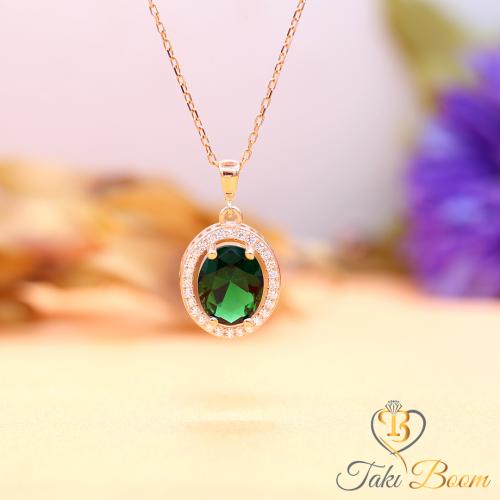 Yeşil Beyaz Zirkon Taşlı Oval Gümüş Kolye