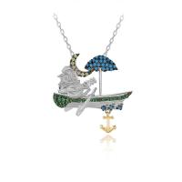 Yeşil Taşlı Sandalda Gitar Çalan Baykuş Gümüş Kolye